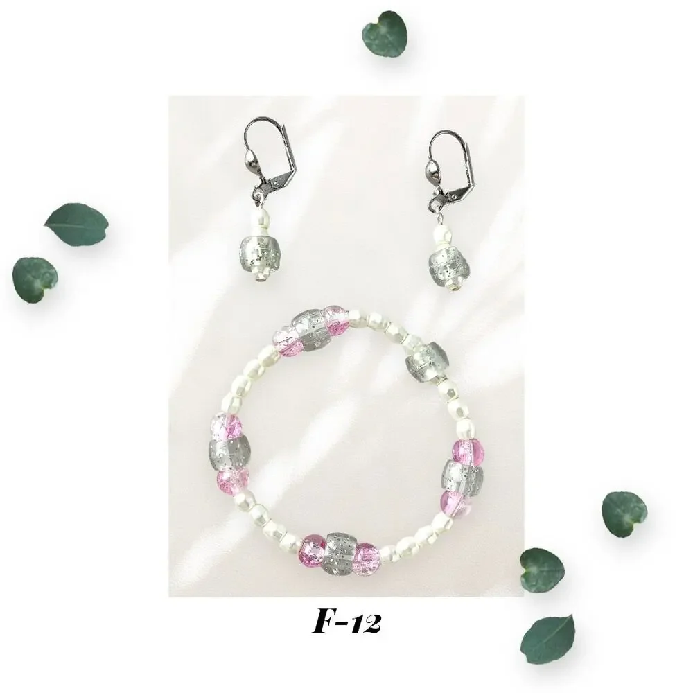 Glitter Princess - Glass Pearl Acrylic Beaded Stretch Bracelet and Earring Set - Picture 1 of 4